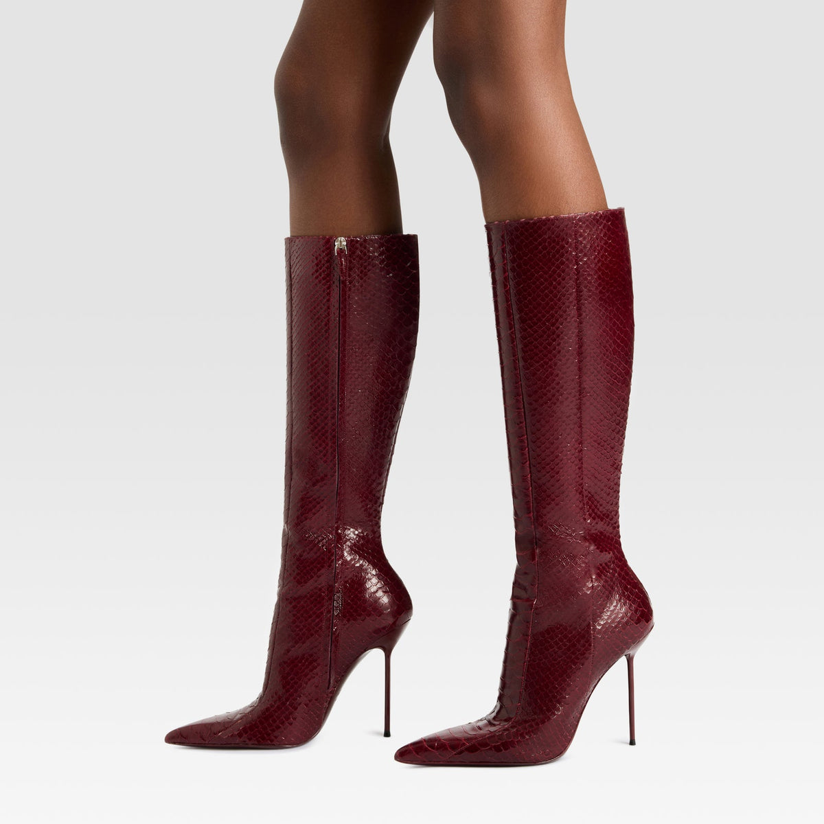 Red Snakeskin Pattern Chic Pointed-Toe Simple Full-Zip Knee High Stiletto Boots