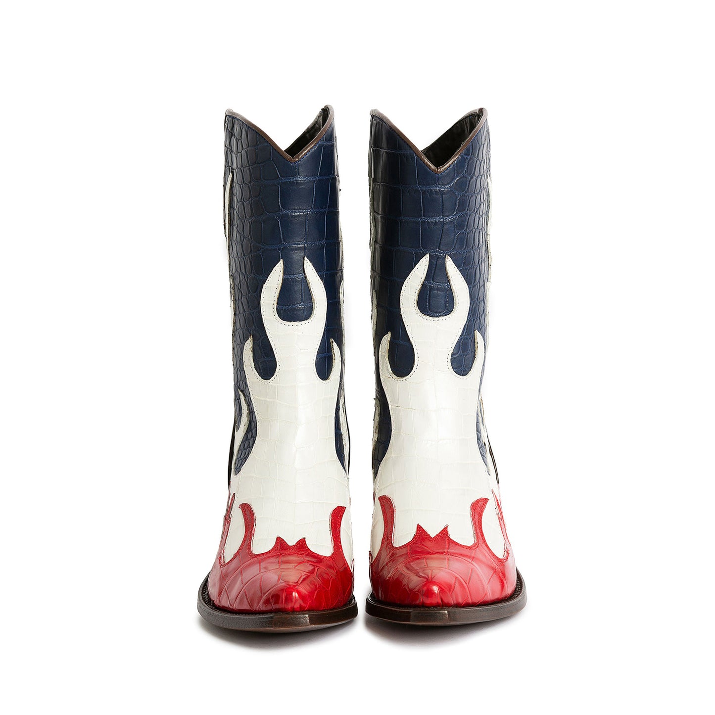 Contrast Colors Crocodile Print Pointed-Toe Flame Appliques Ankle Cowgirl Boots