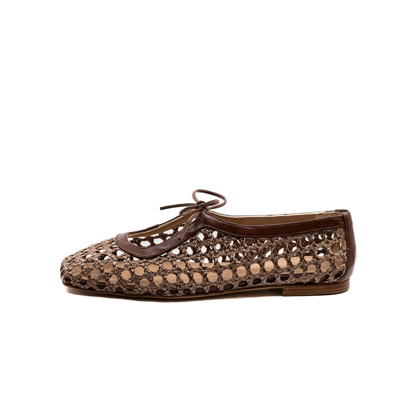 Brown Woven Vegan Leather Square-Toe Vamp Strap With Bow Ballet Flats