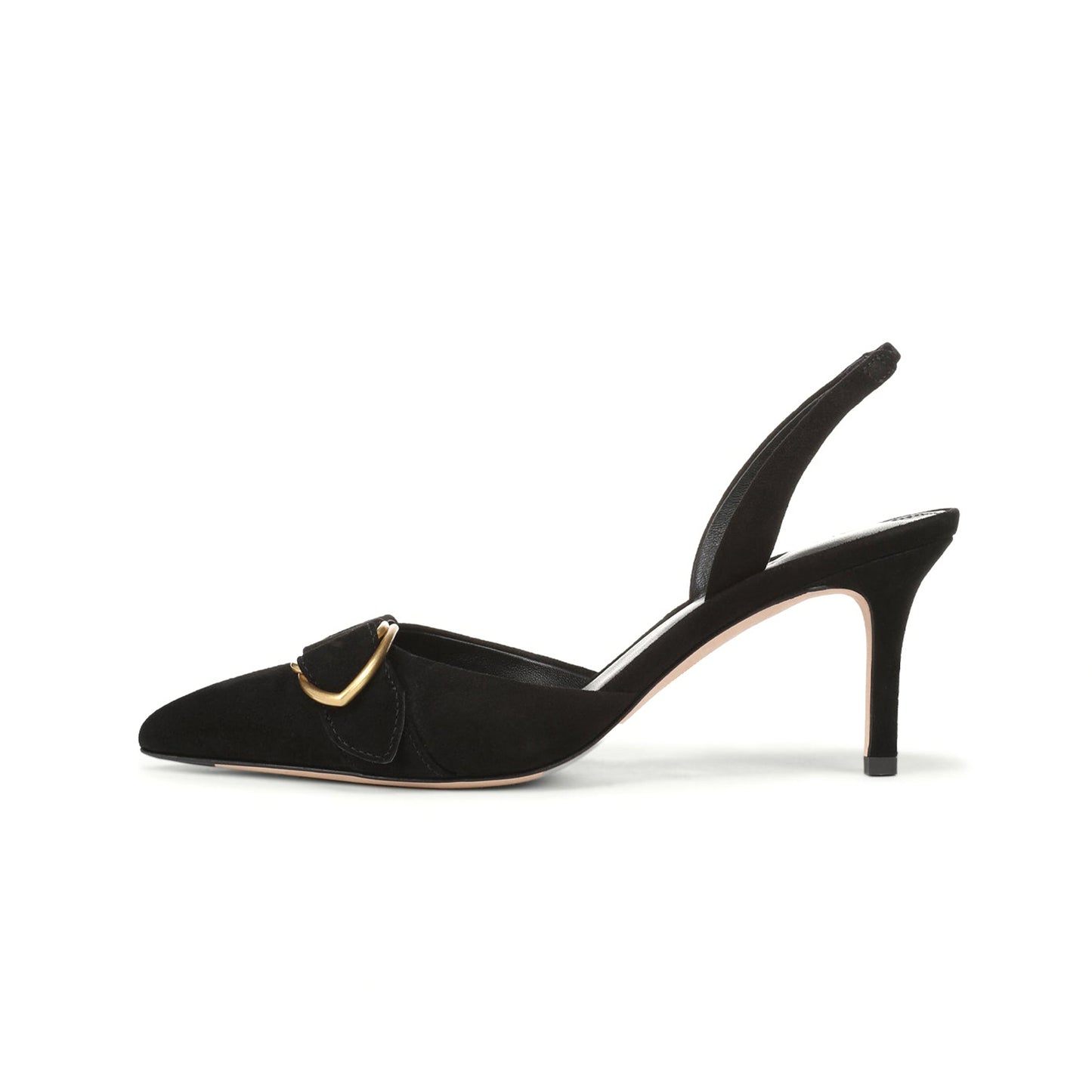 Black Faux Suede Pointed-Toe Front Gold D-Ring Strap Slingback Kitten Heels