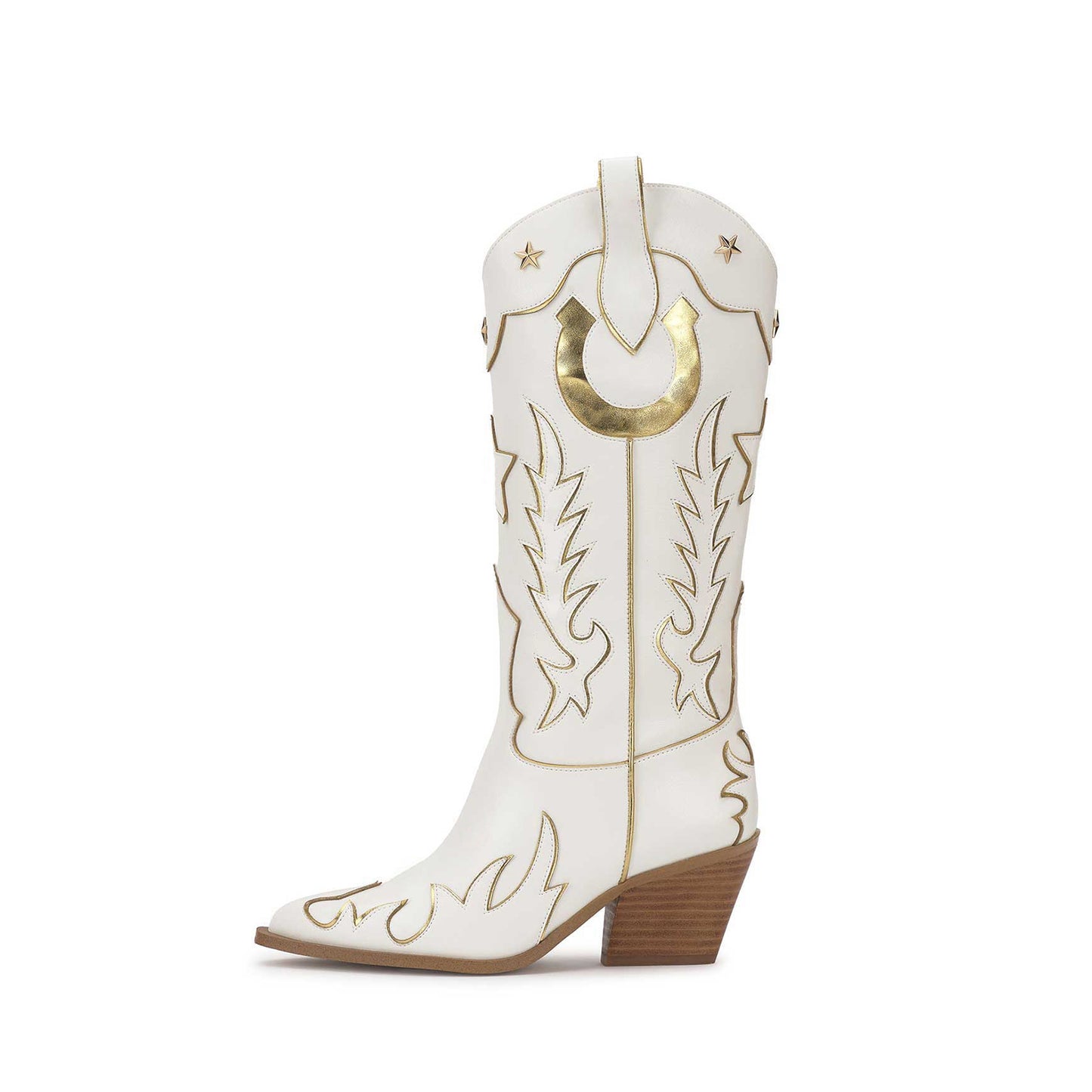 White Almond-Toe Horseshoe Inlay Star Studs And Applique Mid Calf Cowgirl Boots