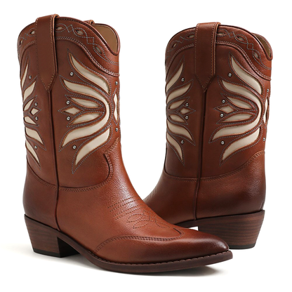Brown Pointed-Toe Inlays Studded Mid Calf Cowgirl Boots