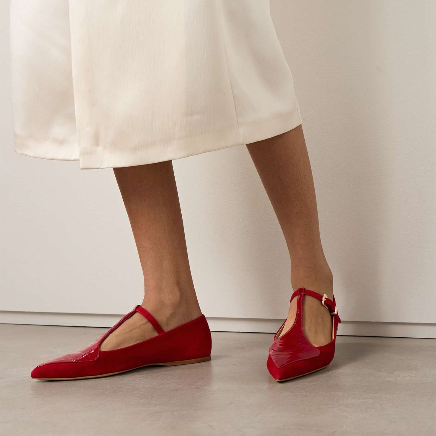 Red Contrast Patent Leather And Faux Suede Pointed-Toe Mary Jane Flats
