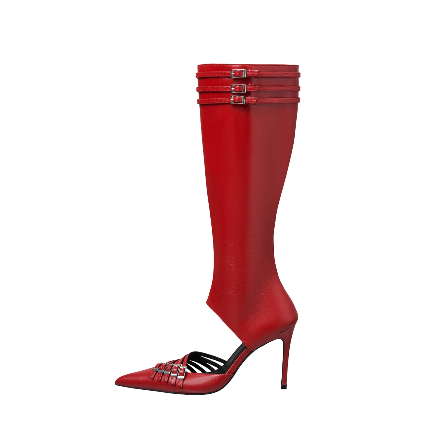 Red Pointed-Toe Buckle Straps Full-Zip Knee High Stiletto Boots