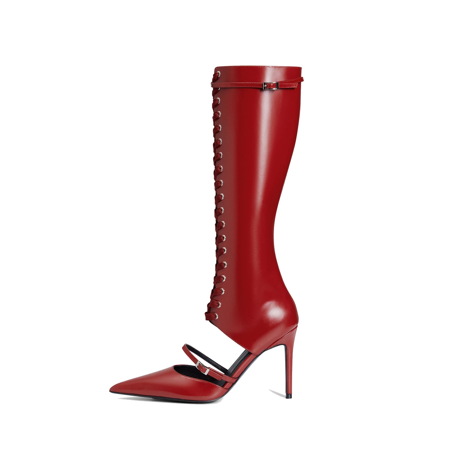 Red Pointed-Toe Front Lace-Up Full-Zip Knee High Stiletto Boots