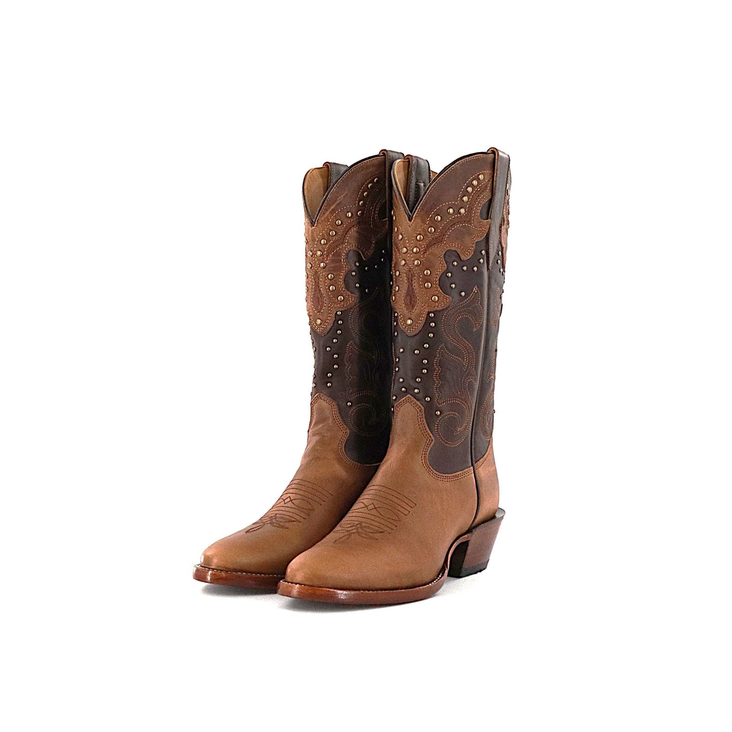Contrast Brown And Chocolate Round-Toe Embroidery Studded Mid Calf Cowgirl Boots