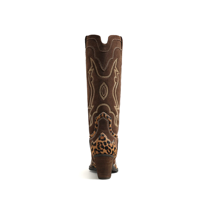 Contrast Brown And Leopard Pointed-Toe Embroidery Wide Calf Knee High Cowgirl Boots