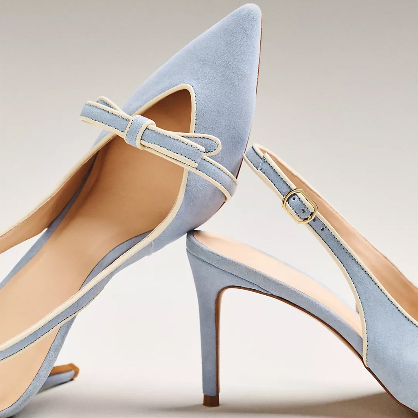 Blue Suede Pointed-Toe Front Bow Slingback Ankle Strap Kitten Heels