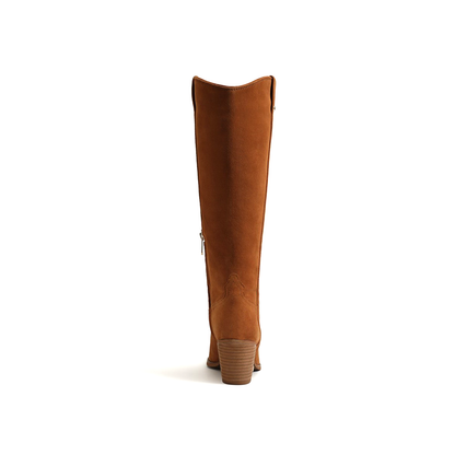 Brown Faux Suede Pointed-Toe Half-Zip Knee High Cowgirl Boots