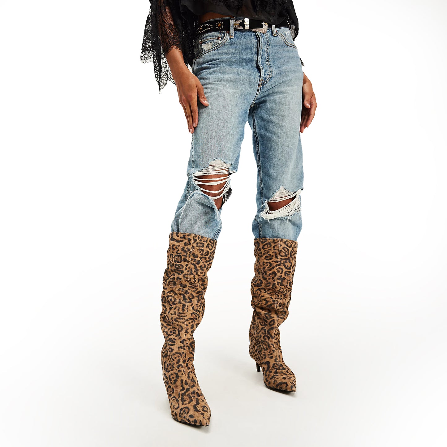 Leopard Faux Suede Pointed-Toe Wide Calf Knee High Stiletto Boots