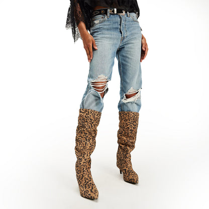Leopard Faux Suede Pointed-Toe Wide Calf Knee High Stiletto Boots