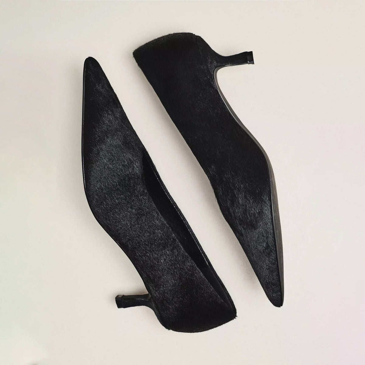 Black Pony Hair Vegan Leather Pointed-Toe Slip-On Chic Kitten Heels