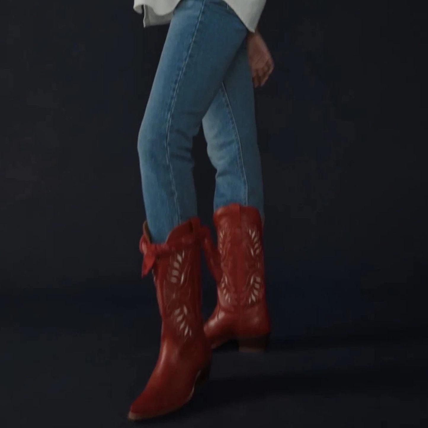 Red Vegan Leather And Ostrich Pattern Snip-Toe Embroidery And Inlay Mid Calf Cowgirl Boots