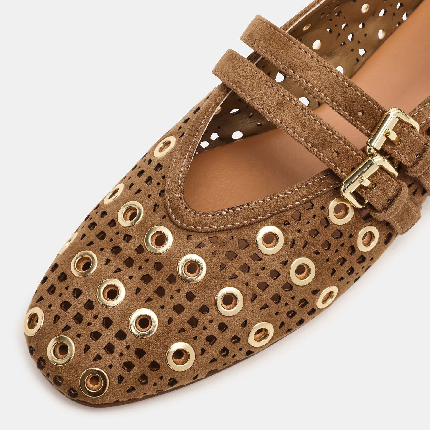 Taupe Faux Suede Square-Toe Cutout And Eyelets Double Mary Jane Flats