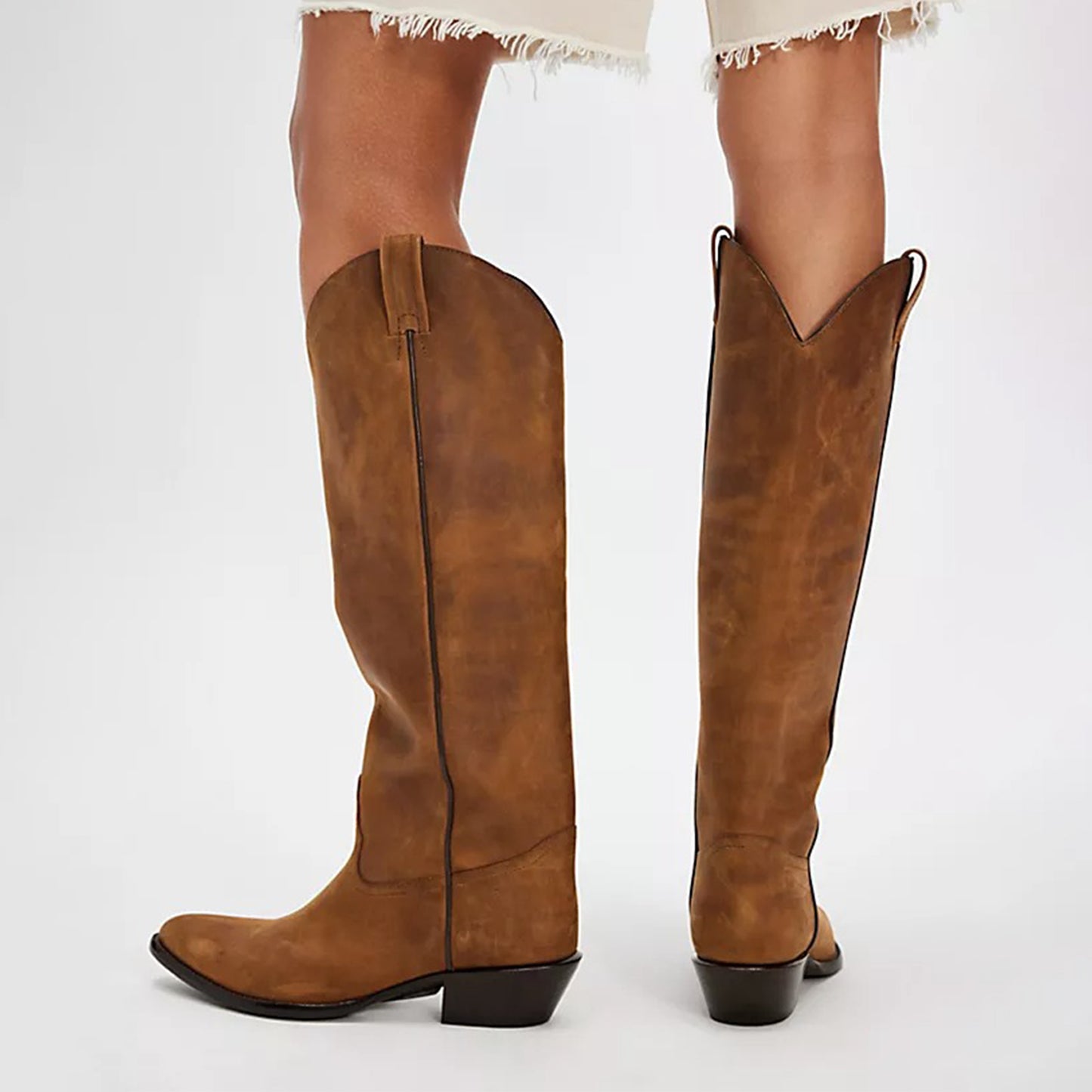Brown Almond-Toe Classic Wide Calf Knee High Cowgirl Boots