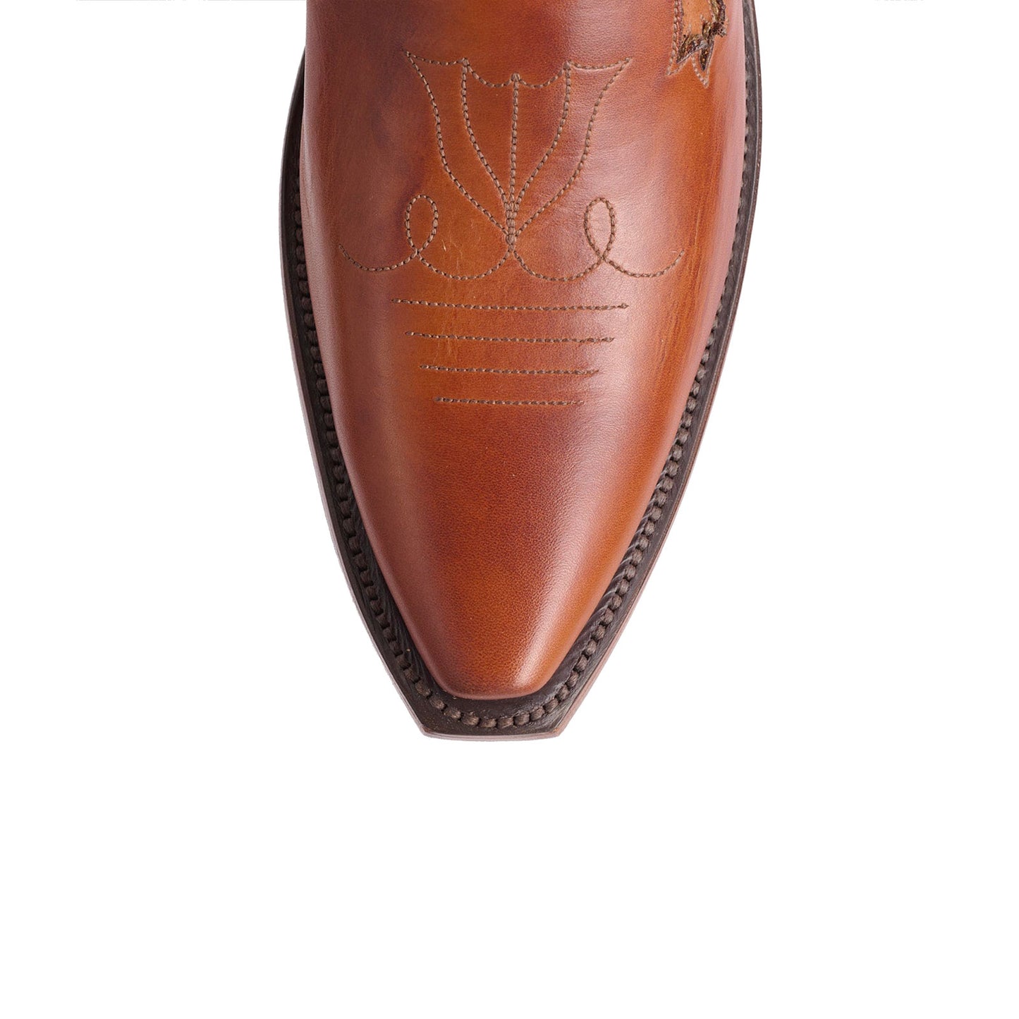 Cognac Snip-Toe Little Tulips Inlay And Running Stitch Mid Calf Cowgirl Boots