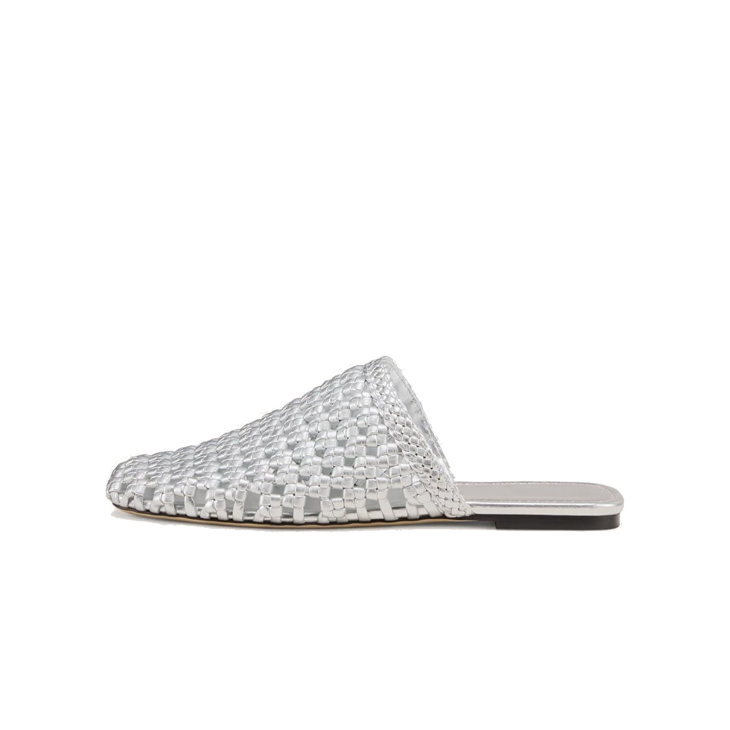 Metallic Silver Woven Vegan Leather Square-Toe Backless Chic Flats