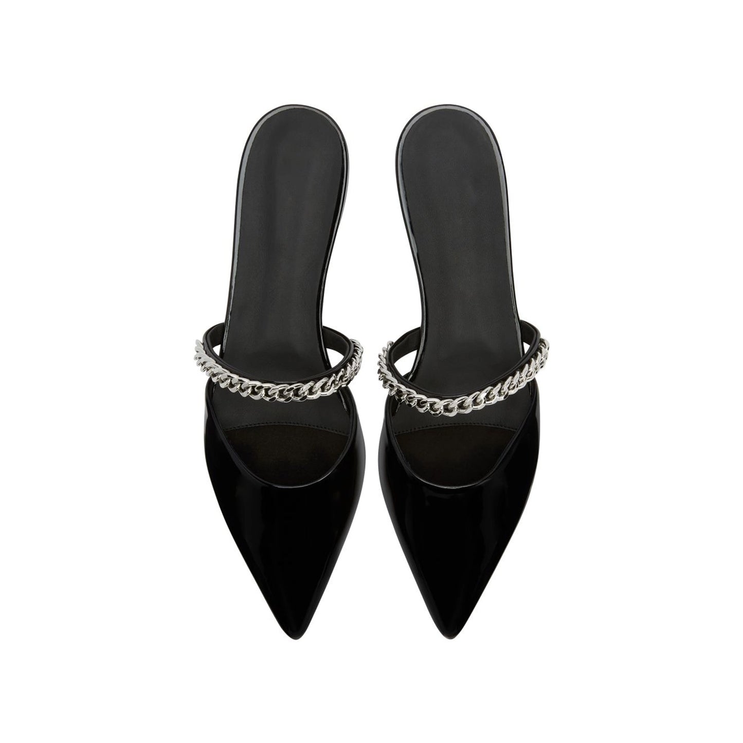 Patent Black Pointed-Toe Bridge Strap With Silver Chain Backless Flats