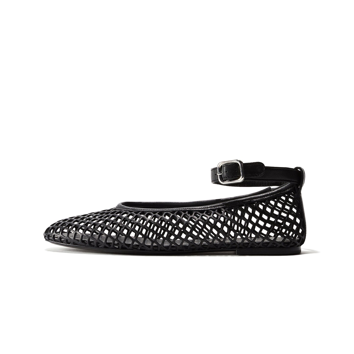 Black Square-Toe Perforated Ballet Flats With Ankle Strap