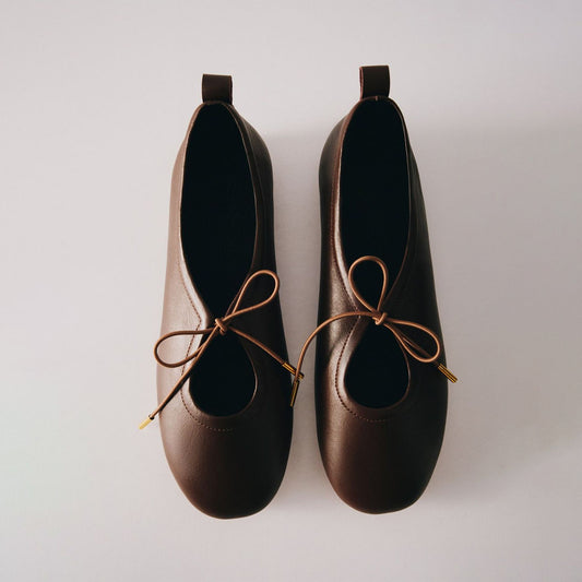 Chocolate Round-Toe Lace-Up Ballet Classic Flats