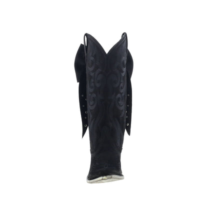 Black Pointed-Toe Embroidery Back Studded Bow Mid Calf Cowgirl Boots