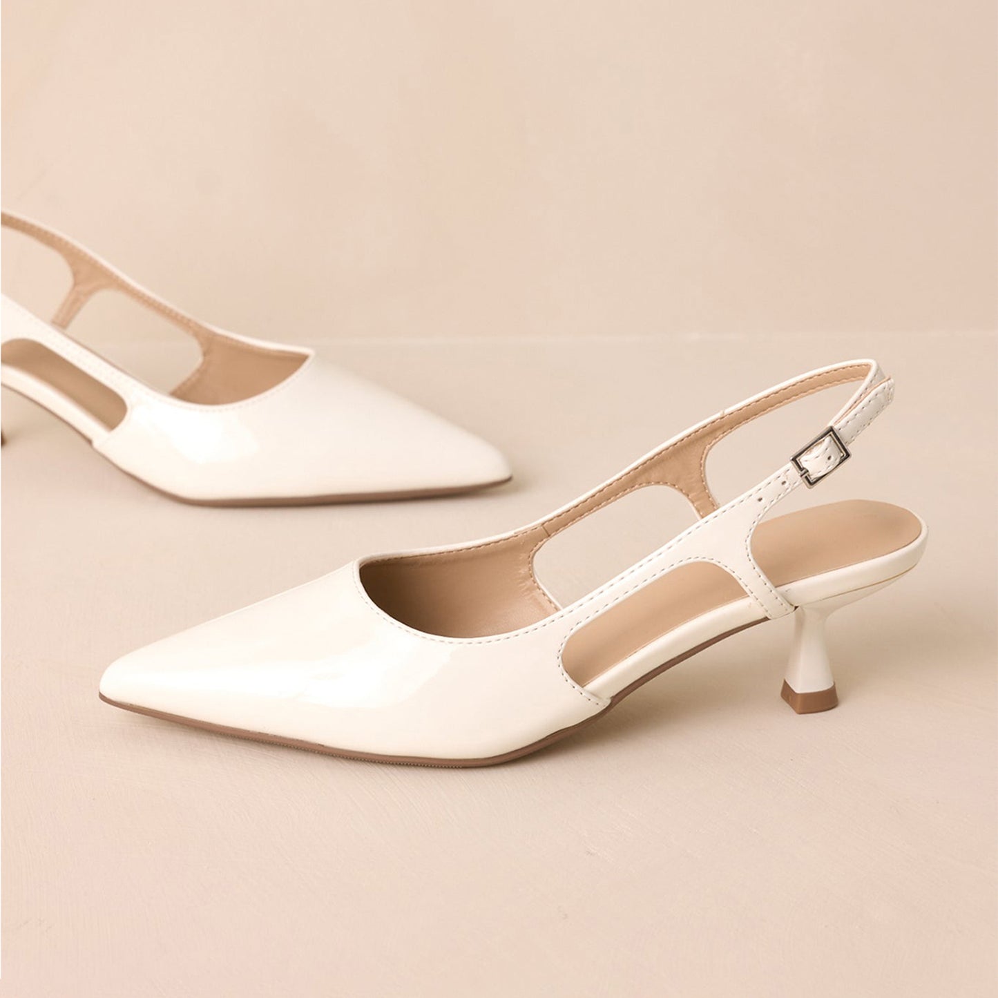 Patent White Pointed-Toe Classic Slingback Kitten Heels