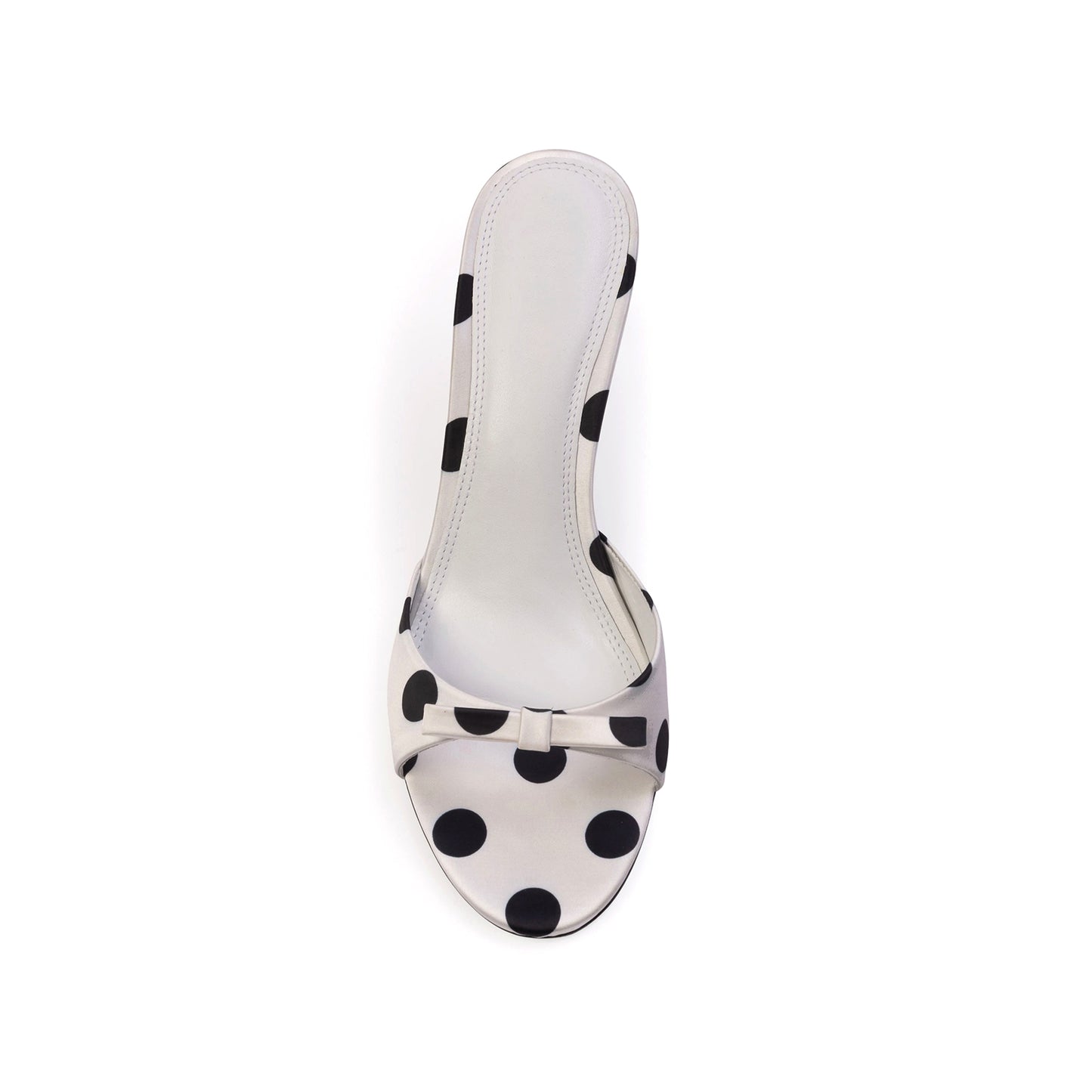 White Satin Polka Dot Open Round-Toe Backless Kitten Heels
