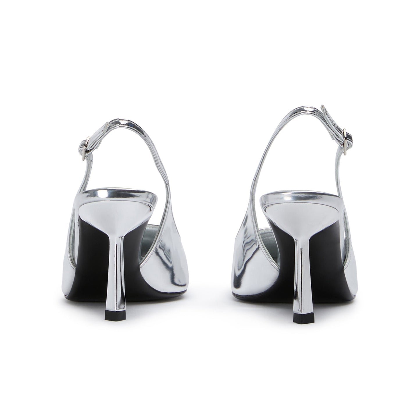 Metallic Silver Pointed-Toe Classic Buckle Slingback Kitten Heels