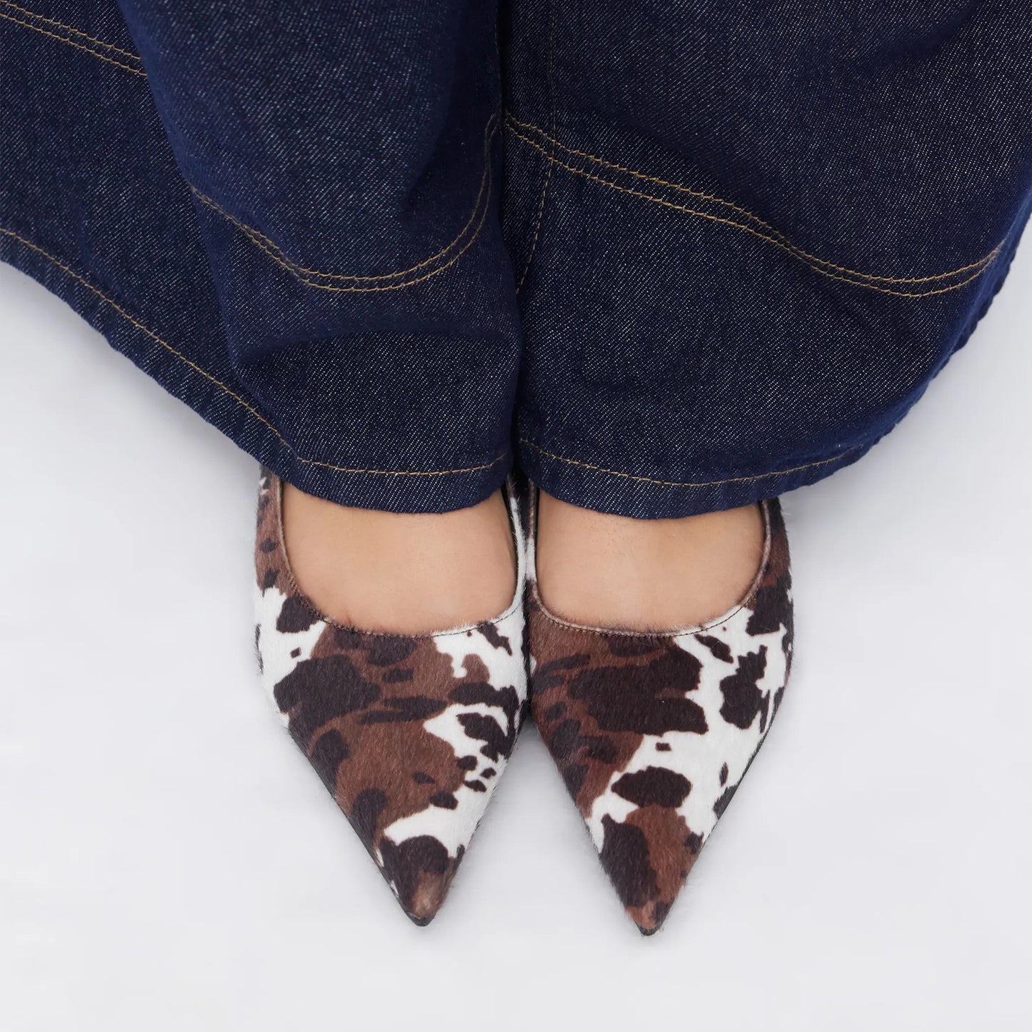 Cow Pattern Pony Hair Pointed-Toe Simple Back Strap Flats