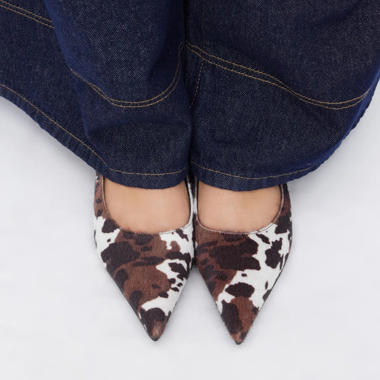 Cow Pattern Pony Hair Pointed-Toe Simple Back Strap Flats