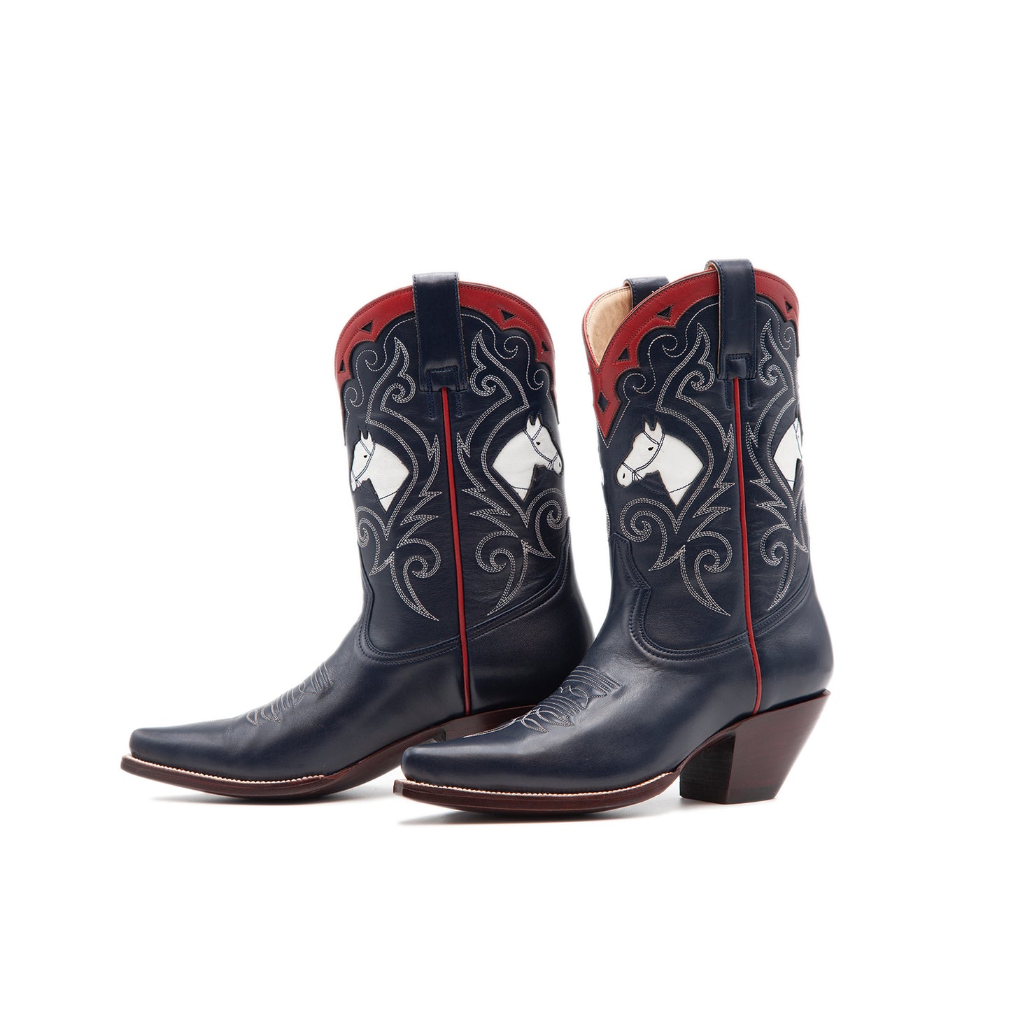 Navy Blue Pointed-Toe Embroidery Horses Inlay Ankle Cowgirl Boots