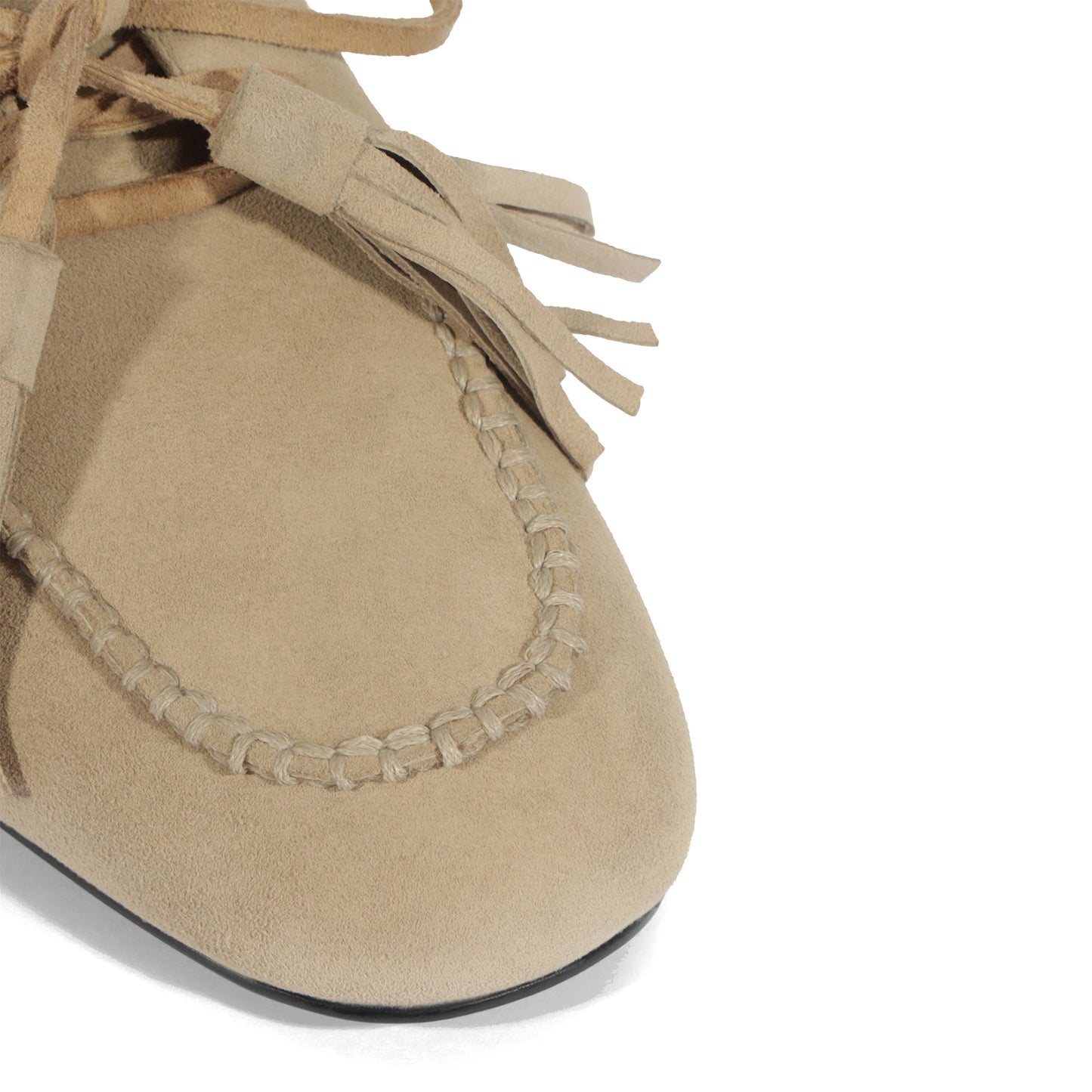 Light Khaki Faux Suede Square-Toe Front Bow With Fringe Slip-On Flats