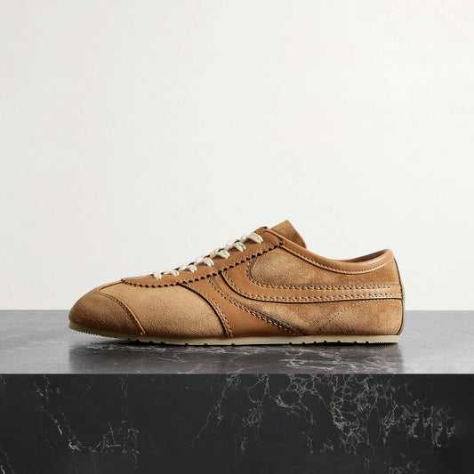 Tan Contrast Faux Suede And Vegan Leather Square-Toe Lace-Up Sneakers Flats