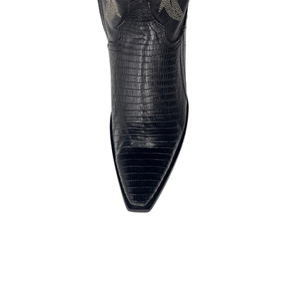 Black Lizard-Patterned Snip-Toe Embroidery Half-Zip Knee High Cowgirl Boots