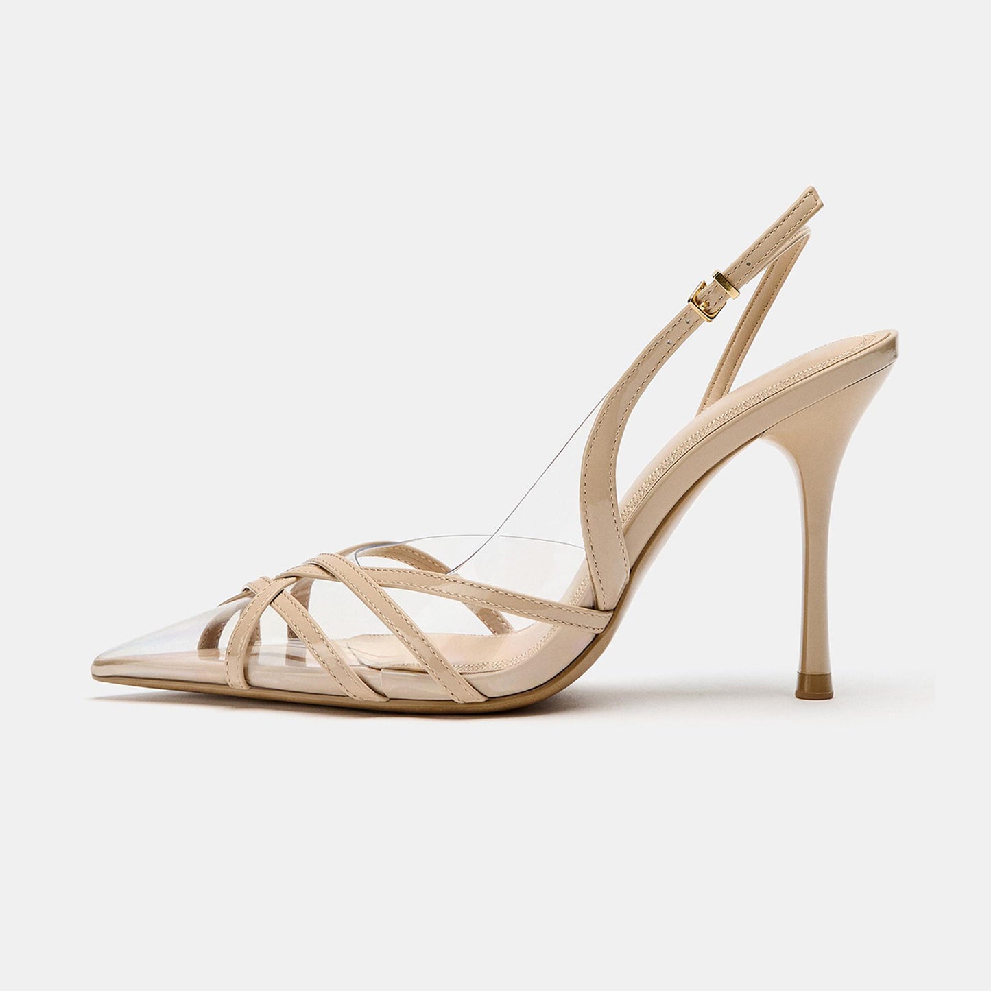 Patent Beige And Transparent TPU Film Pointed-Toe Crisscross Strap And Slingback High Heels