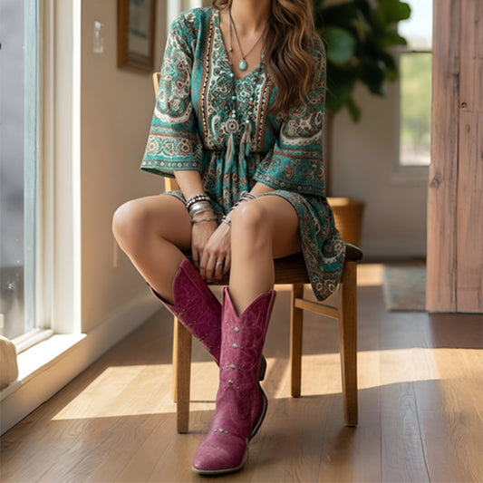 Pink Snip-Toe Studs And Embroidery Mid Calf Chic Cowgirl Boots
