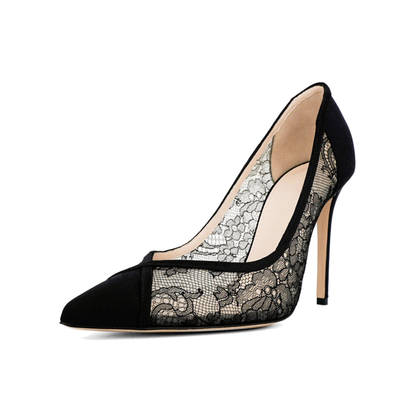 Black Lace Mesh And Satin Pointed-Toe Slip-On Classic High Heels