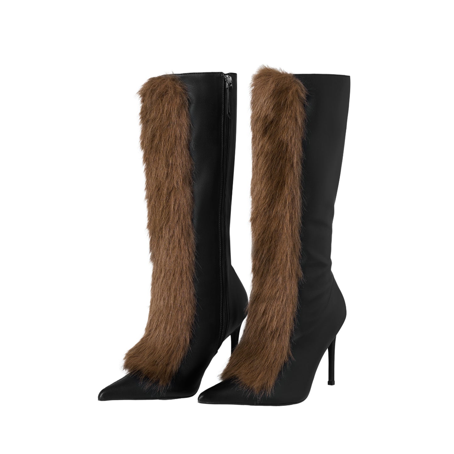 Black Pointed-Toe Brown Plush Full-Zip Mid Calf Stiletto Boots