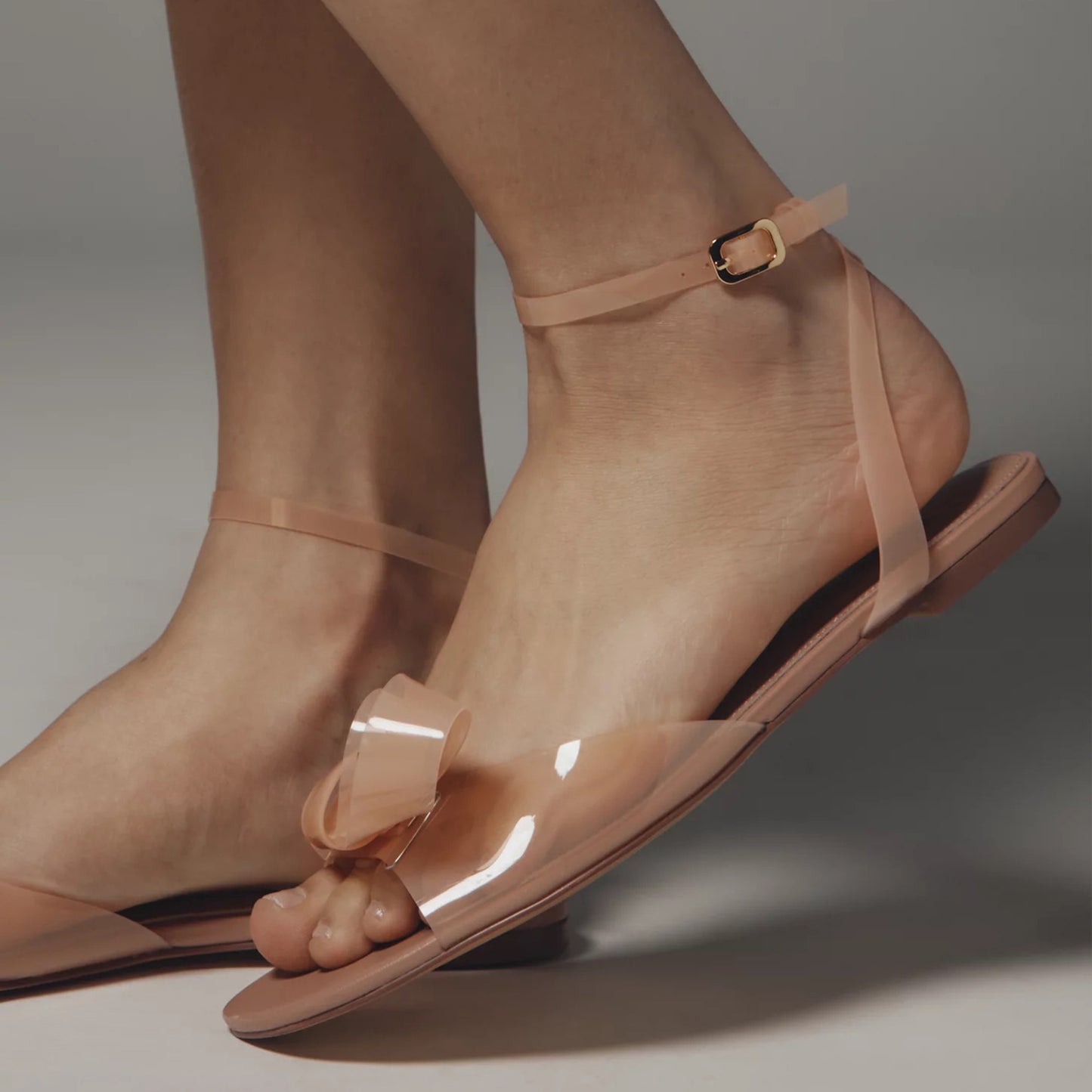 Nude PVC Film Square-Toe Front Bow Ankle Strap Flats