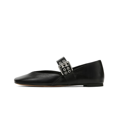 Black Vegan Leather Square-Toe Bridge Strap With Double Eyelets Flats