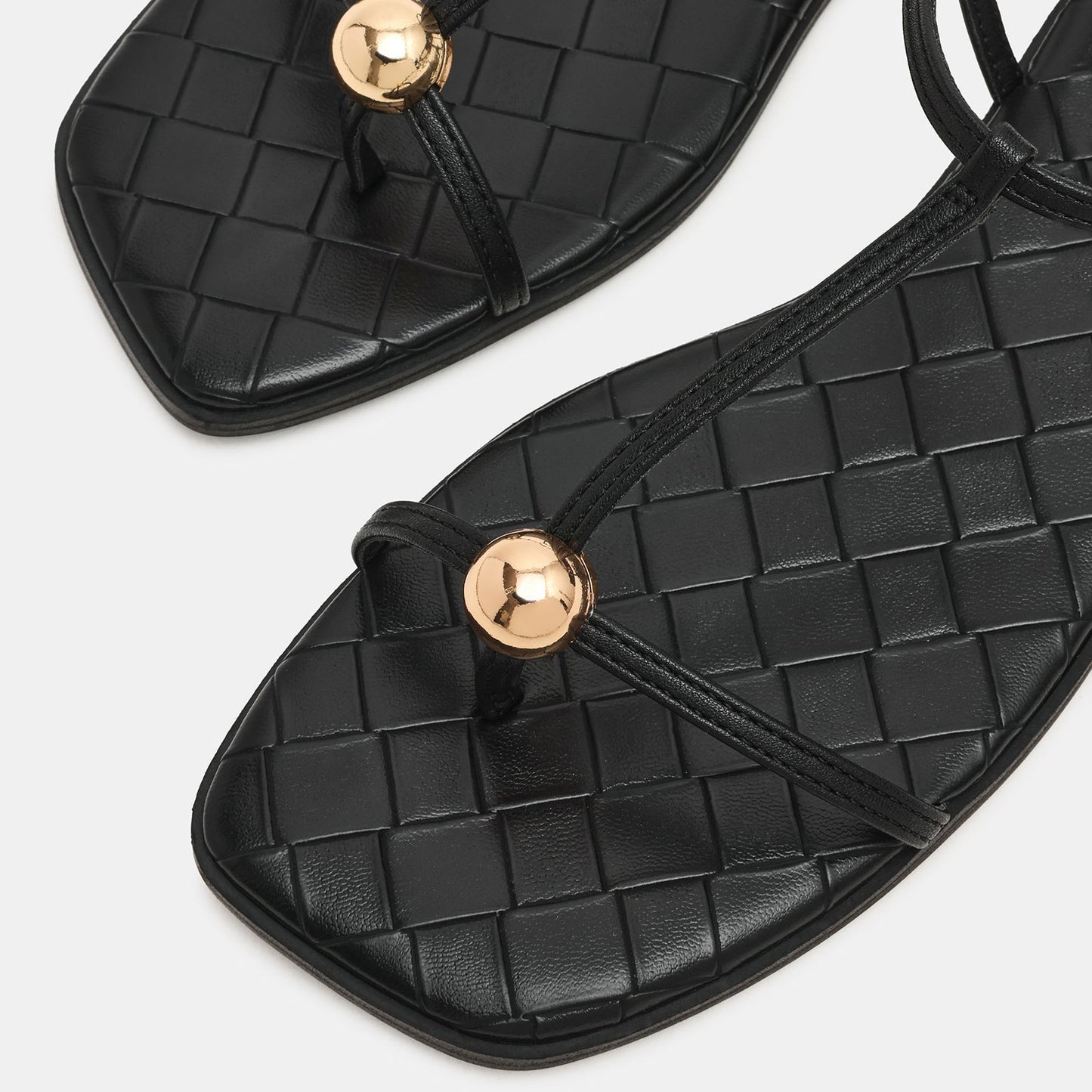 Classic Black Square-Toe Strappy Ankle Strap Sandals Flats