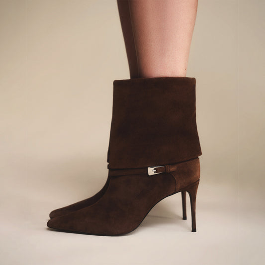 Brown Faux Suede Pointed-Toe Short Ankle High Stiletto Heel Boots