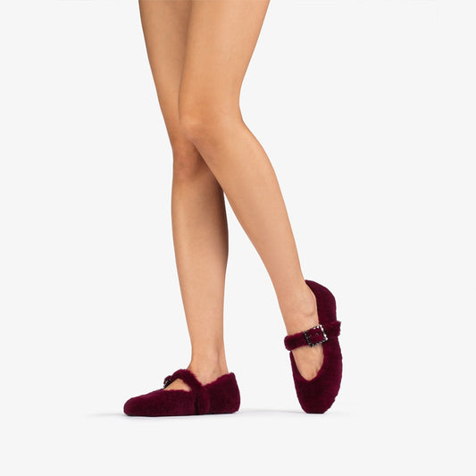 Cherry Red Full Plush Square-Toe Bridge Strap Ballet Flats