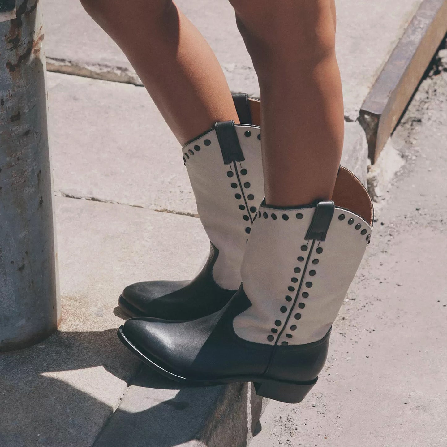 Contrast Bone And Black Round-Toe Studded Chic Mid Calf Cowgirl Boots