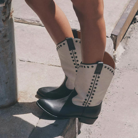 Contrast Bone And Black Round-Toe Studded Chic Mid Calf Cowgirl Boots