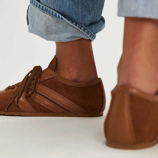 Tan Faux Suede Square-Toe Lace-Up Sneakers Flats