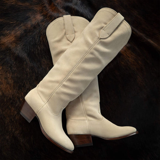 Beige Faux Suede Round-Toe Simple Wide Calf Knee High Cowgirl Boots