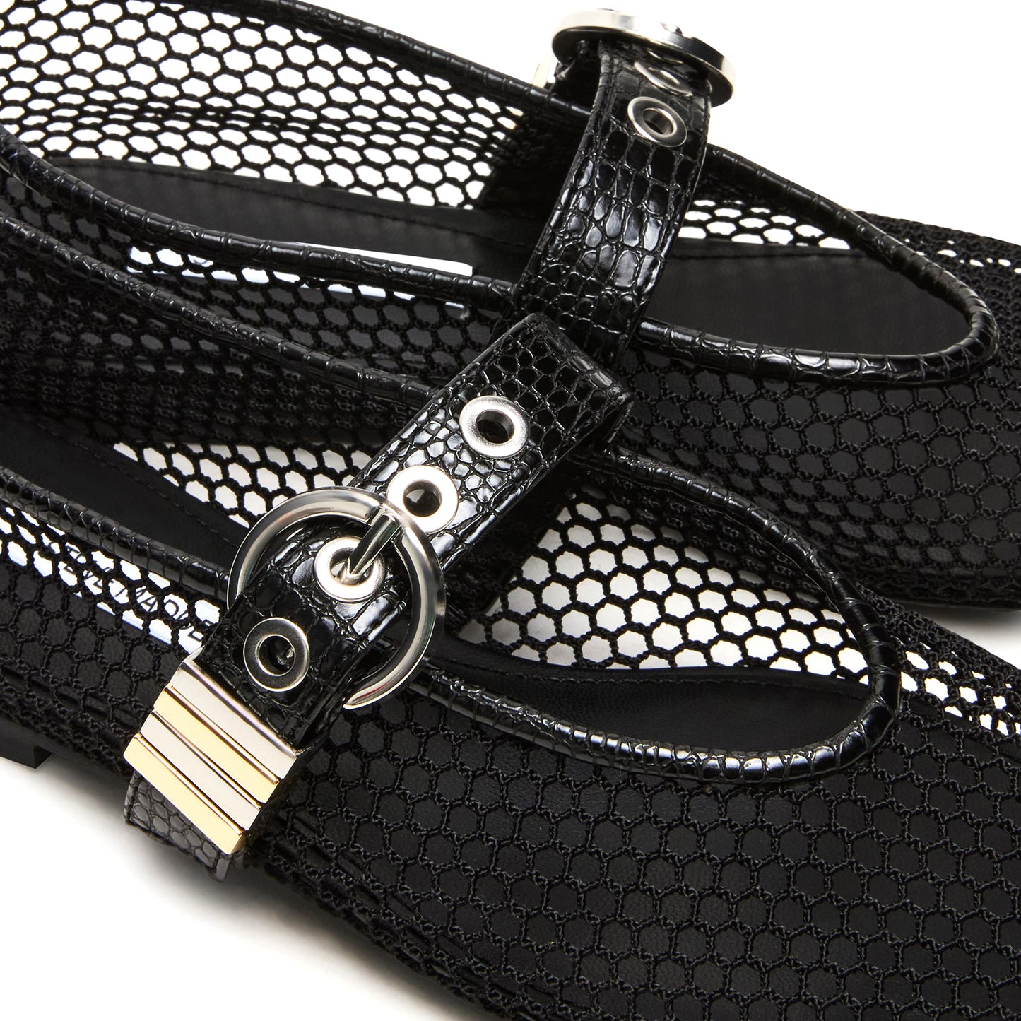 Black Mesh Round-Toe Crocodile Print Bridge Strap Ballet Flats