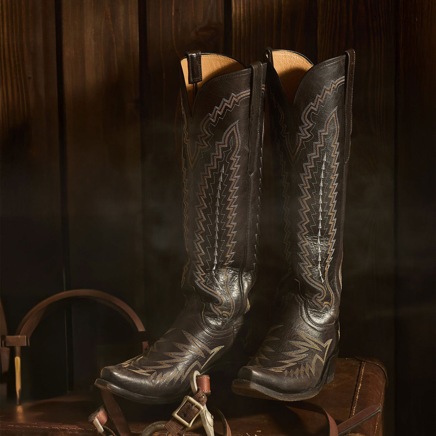 Black Snip-Toe Western Embroidery Wide Calf Chic Knee High Cowgirl Boots