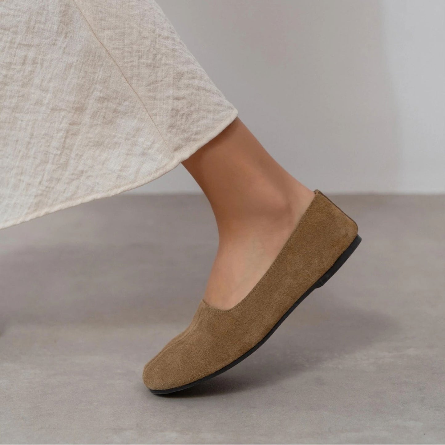 Taupe Cow Suede Round-Toe Slip-On Classic Ballet Flats